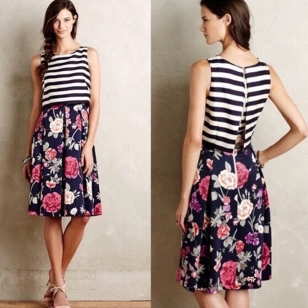 Anthropologie Moulinette Soeurs Floral And Striped Sleeveless Dress Size 8